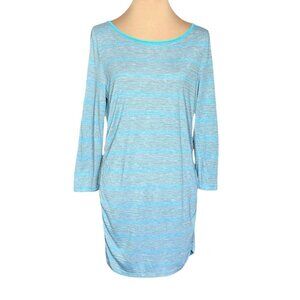 NWOT Three Dots T-Shirt Dress Sz.XL Blue Grey Striped Side Ruching Nautical